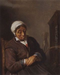 An Old Lady Sleeping At Her Spinning Wheel by Adriaen Jansz van Ostade
