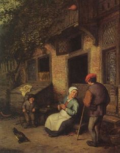 A Man And A Woman Conversing Outside A House, Boy Playing With A Hoop Nearby by Adriaen Jansz van Ostade