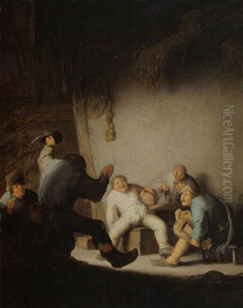 Peasants Drinking And Making Music In A Barn Interior - view 1