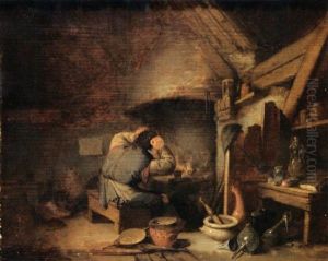 An Alchemist Near A Fireplace In His Studio