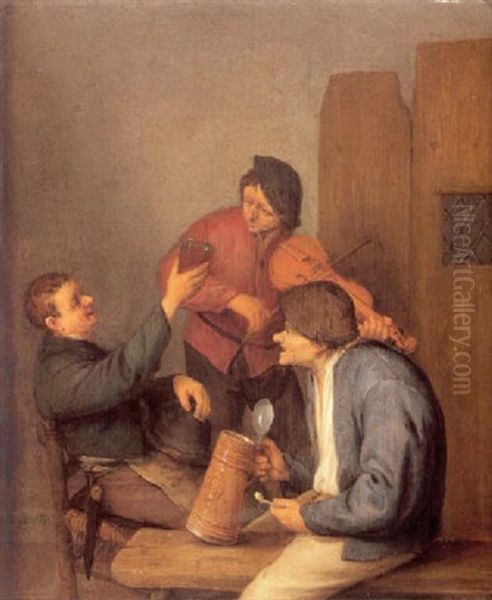 Three Peasants Drinking, Smoking And Playing The Violin In A Tavern Interior - view 1