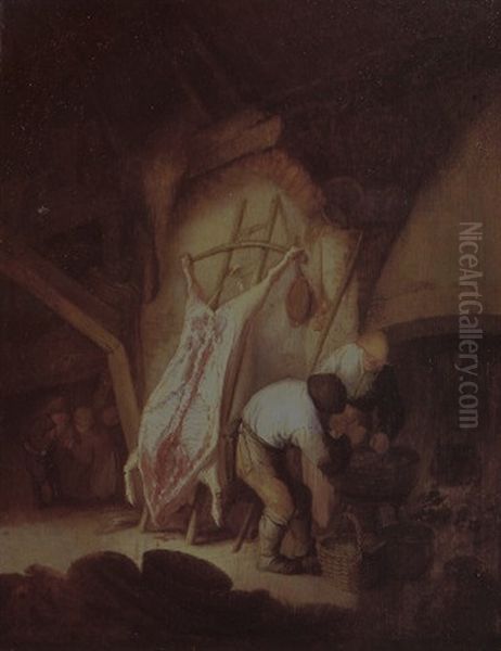 An Interior With Two Peasants Cooking Beside A Hanging Carcass - view 1
