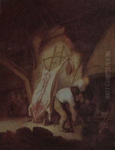 An Interior With Two Peasants Cooking Beside A Hanging Carcass by Adriaen Jansz van Ostade