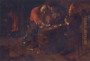 Eldery Peasants Playing Cards On A Barrell In An Interior by Adriaen Jansz van Ostade