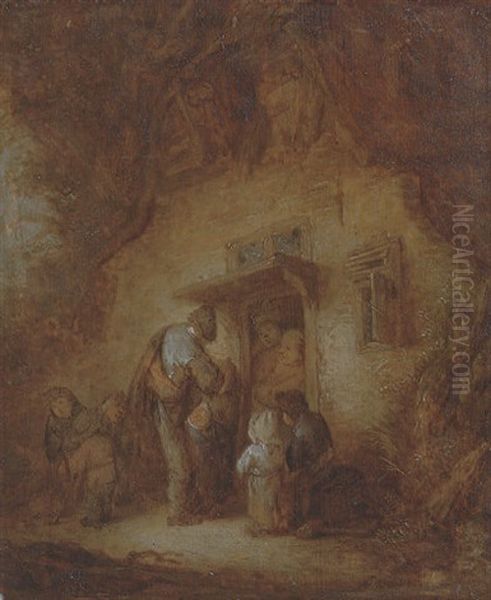 A Hurdly-gurdy Player With A Children At A Cottage Door - view 1