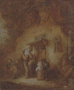 A Hurdly-gurdy Player With A Children At A Cottage Door A Hurdly-gurdy Player With A Children At A Cottage Door