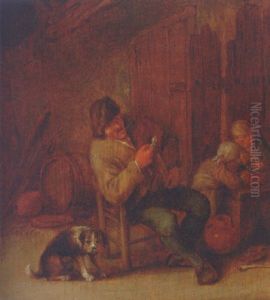 A Boor Smoking In An Inn With A Dog And Two Children by Adriaen Jansz van Ostade