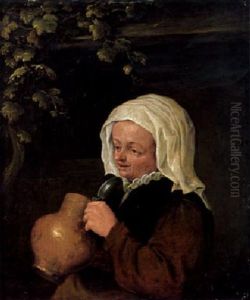 Bildnis Einer Frau Mit Bierkrug Vor Einem Bauernhaus Mit Wildem Wein