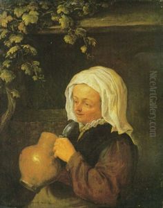 A Peasant Woman Holding A Stoneware Jug With A Pewter Lid Outside A Cottage by Adriaen Jansz van Ostade