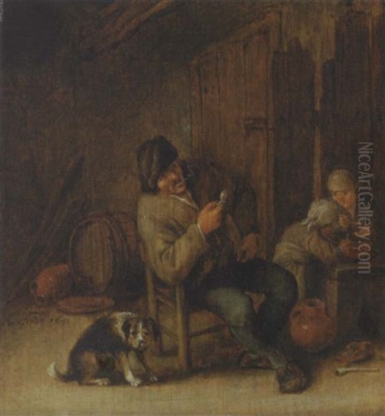A Boor Smoking In An Interior, With A Dog And Two Children - view 1