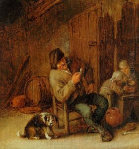 A Boor Smoking In An Interior With A Dog And Two Children by Adriaen Jansz van Ostade