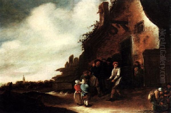 Peasants Outside An Inn, A Church Spire In The Distance - view 1