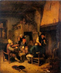 Boors Drinking And Smoking By A Chimney In A Tavern, With A Servant Tending A Fire And New Guests Being Welcomed At The Door by Adriaen Jansz van Ostade