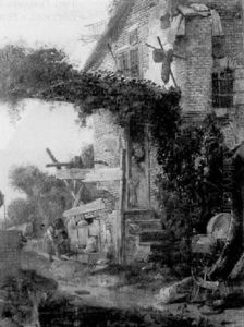 A Mother And Child Standing In The Doorway Of A Cottage, A Peasant Feeding Swine In The Yard Below by Adriaen Jansz van Ostade