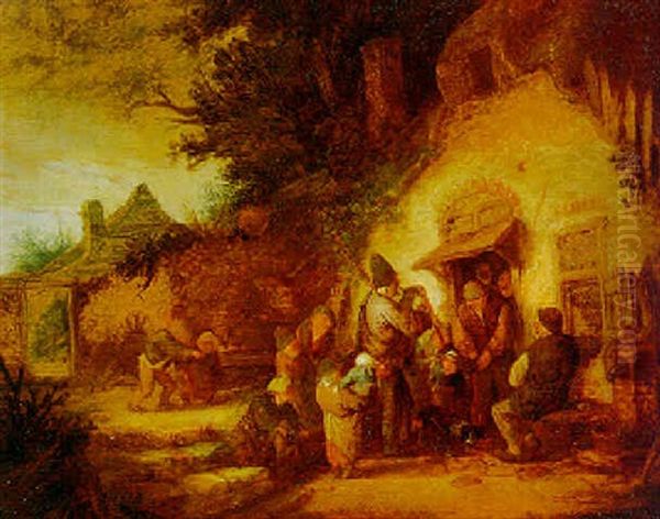 Peasants Outside A Cottage Gathered Around A Bagpipe Player - view 1