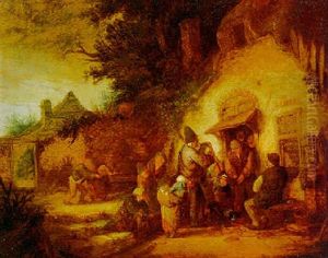 Peasants Outside A Cottage Gathered Around A Bagpipe Player