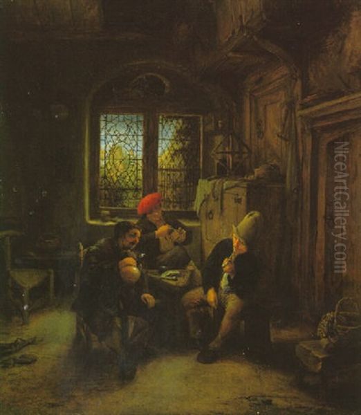 The Interior Of A Cottage With Three Peasants Smoking And Drinking Around A Stool - view 1