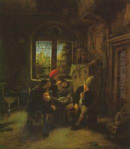 The Interior Of A Cottage With Three Peasants Smoking And Drinking Around A Stool