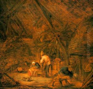 A Barn Interior With A Peasant Family By A Fire by Adriaen Jansz van Ostade