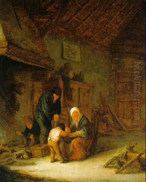 Eine Mutter Fuettert Ihren Sohn Im Inneren Eines Bauernhauses... - view 1