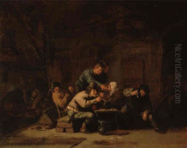 A Boor Greeting An Old Woman Seated By A Table In A Barn - view 1