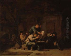 A Boor Greeting An Old Woman Seated By A Table In A Barn
