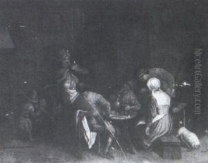 Jovial Peasants, Children And Animals In An Inn by Adriaen Jansz van Ostade