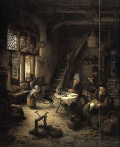 Peasant Family In An Interior Of A Cottage by Adriaen Jansz van Ostade