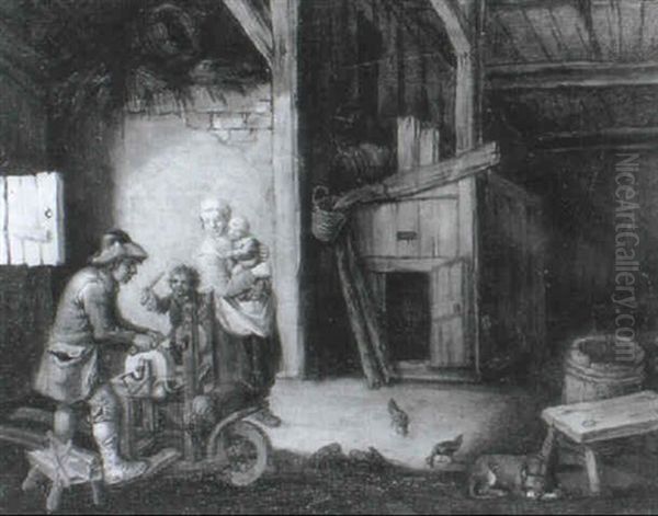 A Mother And Children Visiting A Knife Grinder - view 1