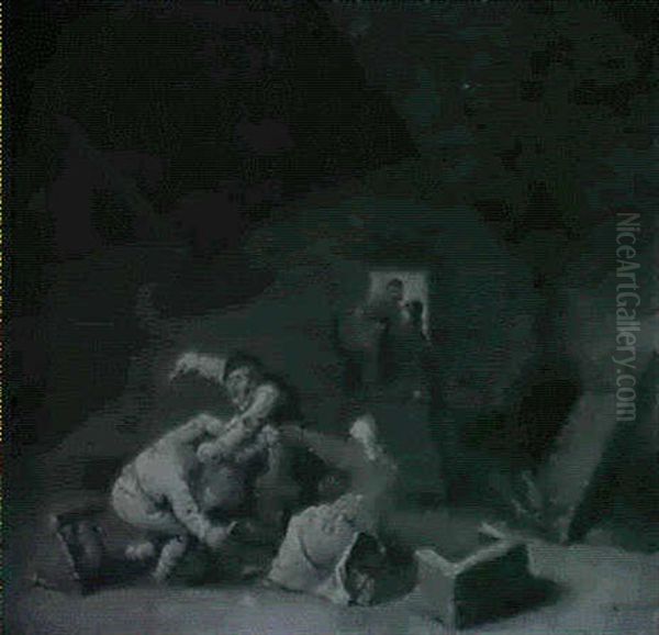 Peasants Brawling Over A Card Game In A Barn - view 1