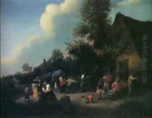 Tanzende Bauern Vor Einem Haus by Adriaen Jansz van Ostade
