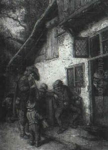 Boors Outside A Tavern by Adriaen Jansz van Ostade