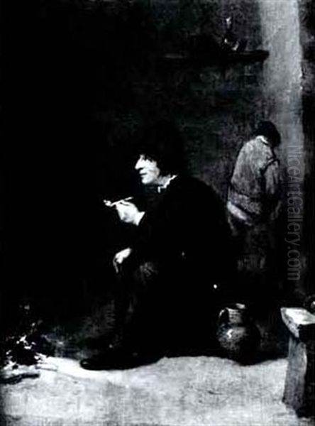 A Peasant Smoking His Pipe Before A Smouldering Fire - view 1