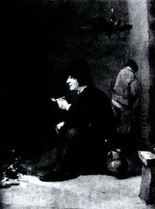 A Peasant Smoking His Pipe Before A Smouldering Fire