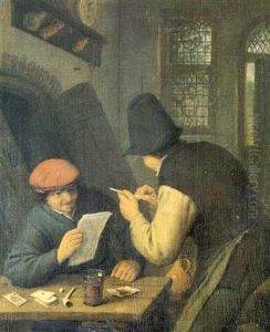 The Interior Of An Inn With A Boor Reading, Another Filling His Pipe
