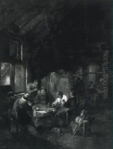 A Tavern Interior With Peasants Seated Around A Table by Adriaen Jansz van Ostade