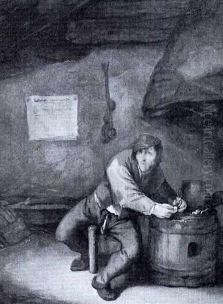 Boor Filing A Pipe At A Barrel By The Fireplace Of An Inn - view 1