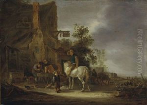 A Horseman Halting At An Inn, With A Landscape Beyond by Isaac Van Ostade
