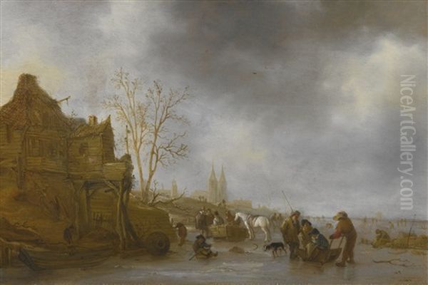 Winter Landscape With Figures On A Frozen River by Isaac Van Ostade
