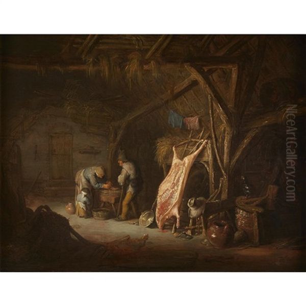 A Peasant Family Preparing Meat In A Barn - view 1