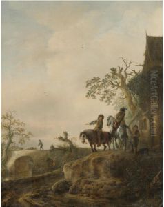Landscape With Horsemen Halting At An Inn by Isaac Van Ostade