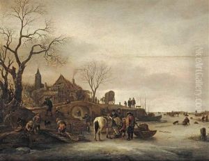 A Winter Landscape With Figures Feeding A Horse On A Frozen Lake, A Church Spire Beyond by Isaac Van Ostade