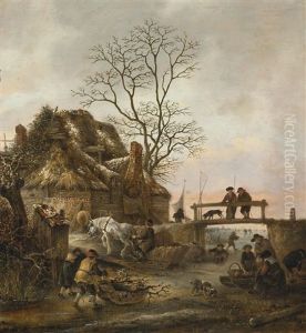 A Frozen Canal With A Horse-drawn Sledge Near A Cottage, Two Figures With A Dog On A Bridge, And A Sleigh Filled With Wood In The Foreground