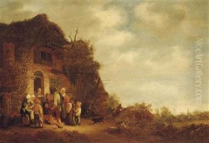 Peasants At A Cottage Door With A Hurdy Gurdy Player by Isaac Van Ostade