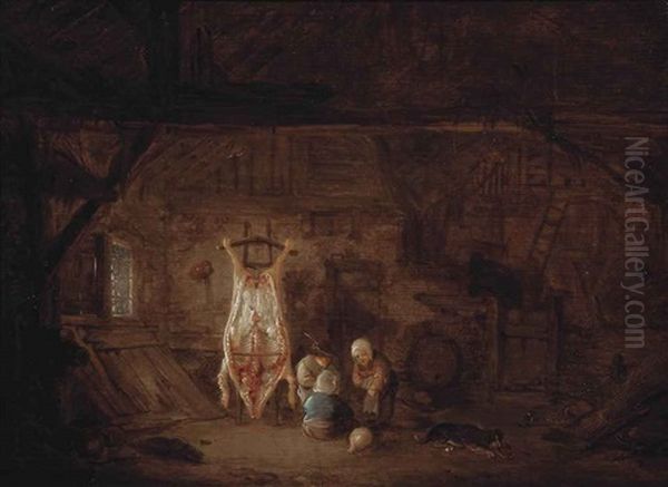 A Barn Interior With Three Children And Their Dog Playing With A Pig's Bladder - view 1