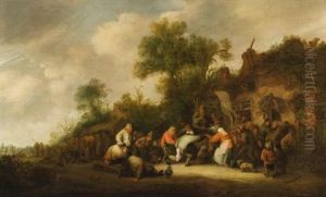 Peasants Dancing And Carousing Outside A Village Inn by Isaac Van Ostade