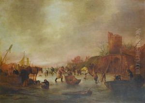 A Winter Landscape With Figures Skating And Playing Kolf On A Frozen River by Isaac Van Ostade