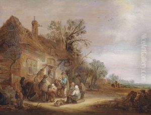 Peasants And Musicians Outside A Tavern by Isaac Van Ostade