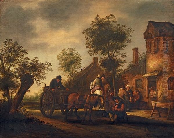 Fuhrwerk Und Reiter Vor Einem Haus - view 1