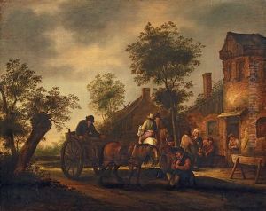 Fuhrwerk Und Reiter Vor Einem Haus